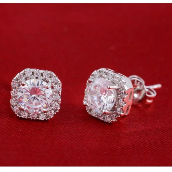 NEW 925 Silver Round Diamond Halo Stud Earrings - Picture 6 of 10